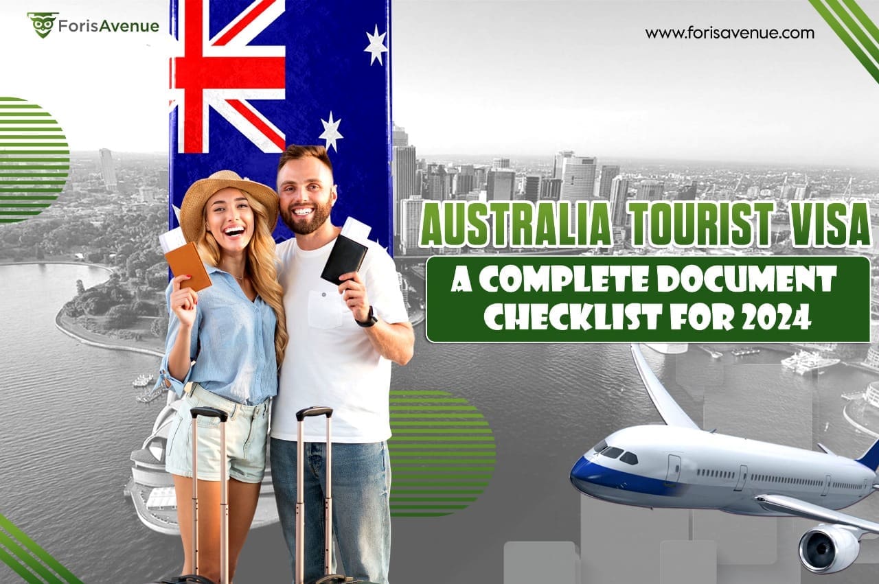 A passport and travel documents prepared for an Australia Tourist Visa application.